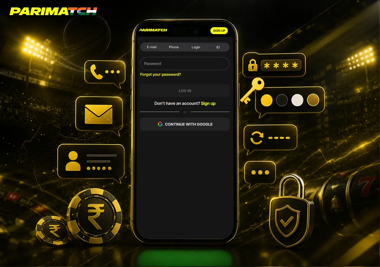 Parimatch App login flow with phone number, email, password field and recovery cues